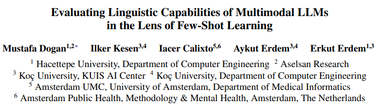 📢 Excited to announce our new study, "Evaluating Linguistic Capabilities of Multimodal LLMs in the Lens of Few-Shot Learning"! 🚀 

- Paper: arxiv.com/abs/2407.12498

#AI #NLProc (1/6)
