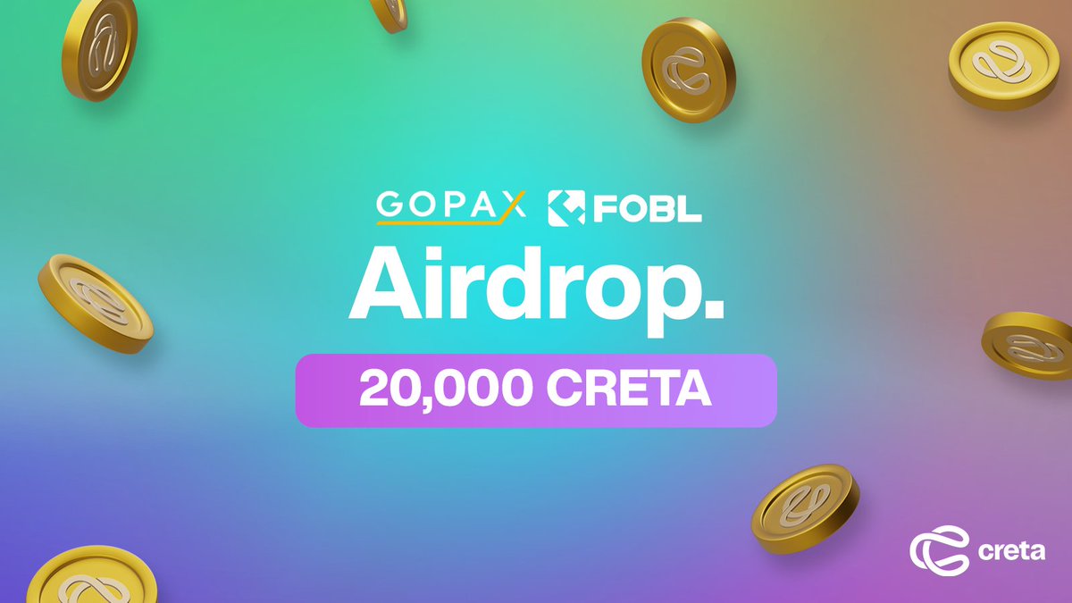 CRETA_WORLD's tweet photo. Spread the listing news to earn $CRETA!

1️⃣Follow @CRETA_WORLD
2️⃣Quote the tweet about the CRETA's listing on GOPAX or FOBL
3️⃣Fill out the form below
https://t.co/GH07jLHUHp 

🎁100 CRETA for 200 random participants
⏰Ends July 23, 2024 00:59 UTC
📣Winners announced July 25, 2024

#GOPAX
https://t.co/F4meMN4SFO

#FOBLGATE
https://t.co/aYUqUXbU3d

⚠️Note
- Each participant is eligible for one reward.
- You may be disqualified if the provided information is incorrect.
- You may be disqualified if the post is deleted before the winner is announced.
- The winner announcement date is subject to change.

$CRETA @CRETA_WORLD