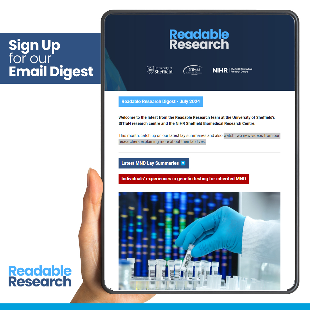 ReadableR's tweet image. We've just sent out our e-newsletter with the latest Readable Research.

Discover lay summaries on dementia &amp;amp; MND, and watch two new videos on our researchers' lab lives.

👉 Read the July update - mailchi.mp/readableresear…

👉 Sign up for future updates - readableresearch.com/signup