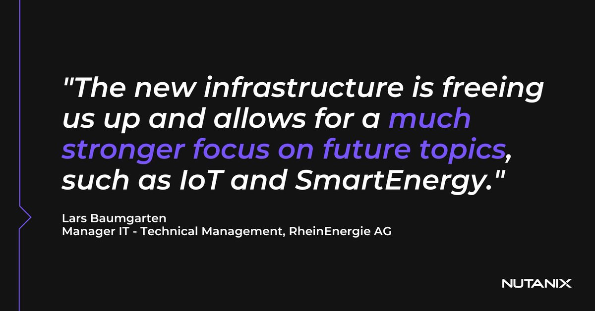 As a company that prioritises sustainability, 
<a href="/RheinEnergie/">RheinEnergie AG</a>
 relies on the Nutanix Enterprise Cloud to provide solutions for the energy world of tomorrow. 🤝

Read more: bit.ly/42You15

#NutanixStories