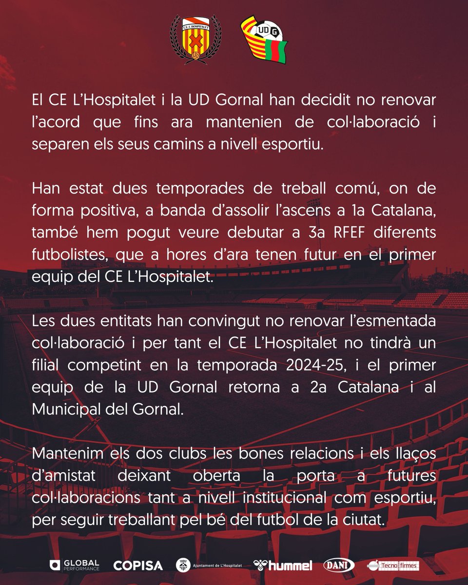 [COMUNICAT]

📋Emetem el següent comunicat en referència a l'acord entre el <a href="/CELHospitalet/">CE L'Hospitalet</a> i la <a href="/udgornal/">UD Gornal</a>.