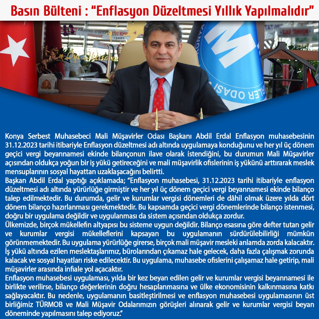 Basın Bülteni
“Enflasyon Düzeltmesi Yıllık Yapılmalıdır”

Basın bülteni için tıklayınız: bit.ly/3xScZOp