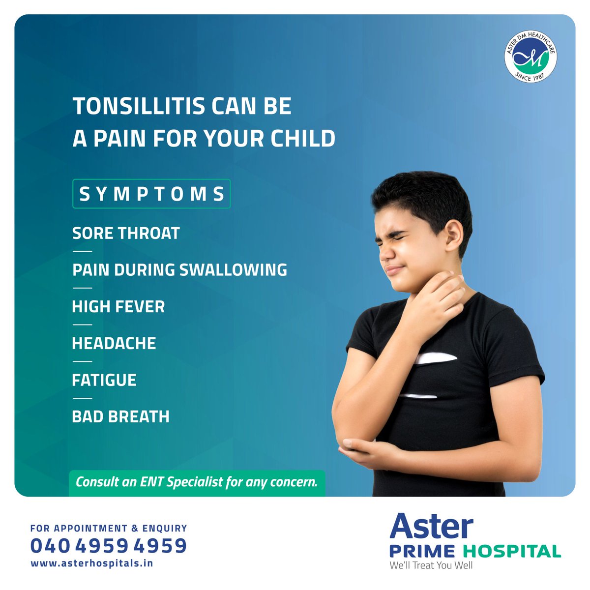 asterprime's tweet image. Tonsillitis is often viewed as a part of growing up. Stay alert to the early signs in your child for prompt medical attention.

#AsterPrimeHospital #tonsillitis #TonsillitisAwareness #Tonsillitissymptoms #TonsillitisRelief #tonsillitistreatment #tonsillitissigns #ENTSpecialist