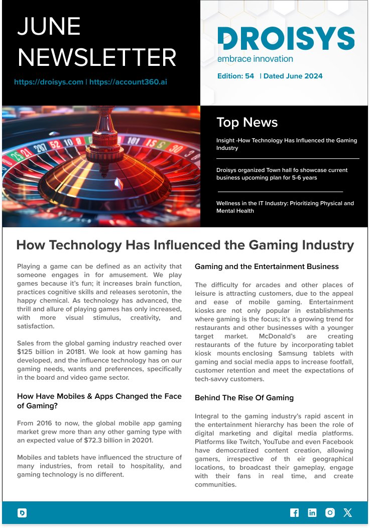 Droisys's tweet photo. In our June 2024 newsletter, we explore how technology is reshaping the gaming industry and promoting wellness in IT. 🎮💡 In our recent town hall meeting, we discussed our expanding global presence, highlighted our valued customers, and laid out our ambitious growth plans. https://t.co/iuWcE8kn88