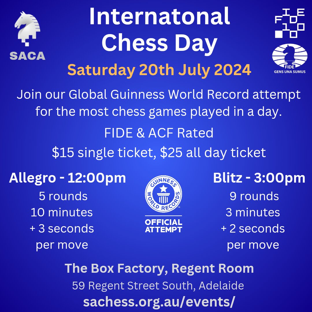There are now over 750 tournaments registered around the world. Looking forward to setting a Guinness World Record 🥳
 #SACA #Chess #Adelaide #AusChess #SAJCL #JuniorChess #ChessPunks #FIDE100 #internationalchessday #fide100gwr #fideworldrecord