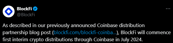 BlockFi Begins Asset Distribution to Users via Coinbase BlockFi, recently bankrupt, has announced the commencement of its first cryptocurrency asset distribution to users through Coinbase in July 2024. In the early hours of July 17, the digital lending company, BlockFi, which