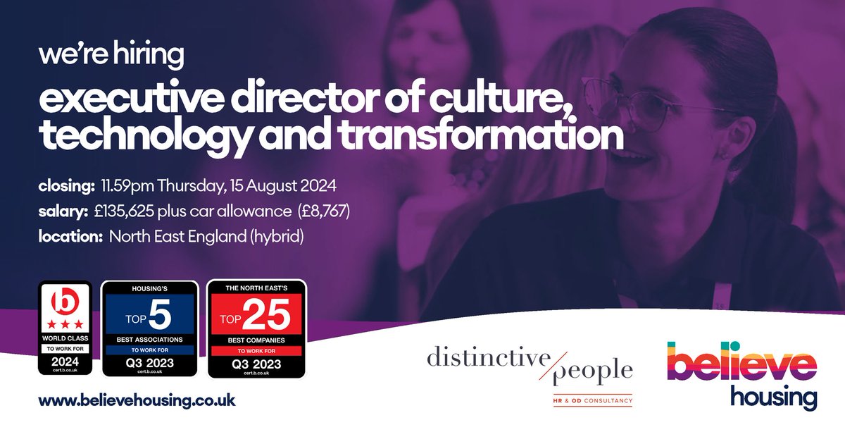 Distinctive People (@distinctivepeop) on Twitter photo Executive Director culture, technology & transformation - NE England -Financial Package £144k A new role, operating at Board & Executive level. Are you a people & technology change specialist? Click on the link & call 07944-411484
bit.ly/4cAtBZY
<a href="/believehousing/">believehousing</a> Executive Director culture, technology & transformation - NE England -Financial Package £144k A new role, operating at Board & Executive level. Are you a people & technology change specialist? Click on the link & call 07944-411484
bit.ly/4cAtBZY
<a href="/believehousing/">believehousing</a>