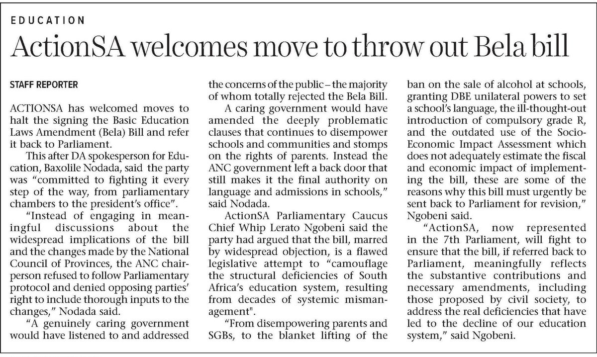 The BELA Bill, in its current format, fundamentally fails to address the existing challenges in our education system.

ActionSA in Parliament will fight to ensure the Bill, if referred back to Parliament, meaningfully reflects necessary amendments to address deficiencies in our