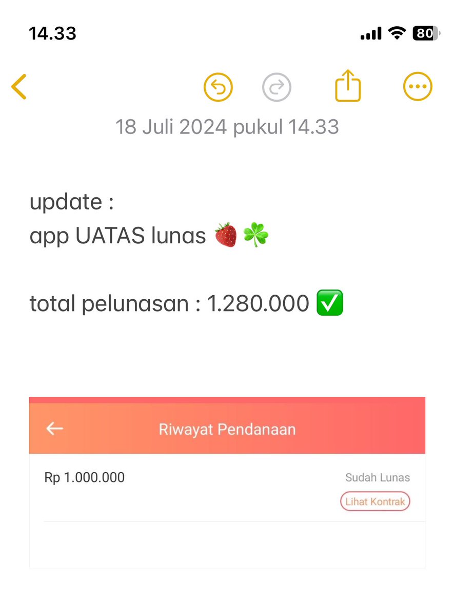 straw00erry's tweet photo. satu" semoga bisa lunasin yang kecil" dluu. hari ini watas lunas. lancarkan rejekiku ya Tuhan. niatku baik ingin trlepas dari pnjul ini tanpa merepotkan keluargaku🍓 https://t.co/0Ec92PwGWh