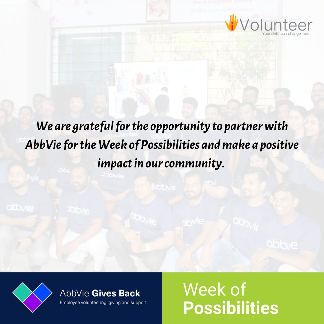 iVolunteerIndia's tweet photo. Experience the impact of AbbVie's Week of Possibilities, empowered by iVolunteer, spreading joy and positivity in Delhi and Bangalore following successful volunteering activities in Mumbai and Chennai!
#AbbVieCares #WeekOfPossibilities #AbbVieGivesBack #iVolunteer https://t.co/kBSXZ9aY4D