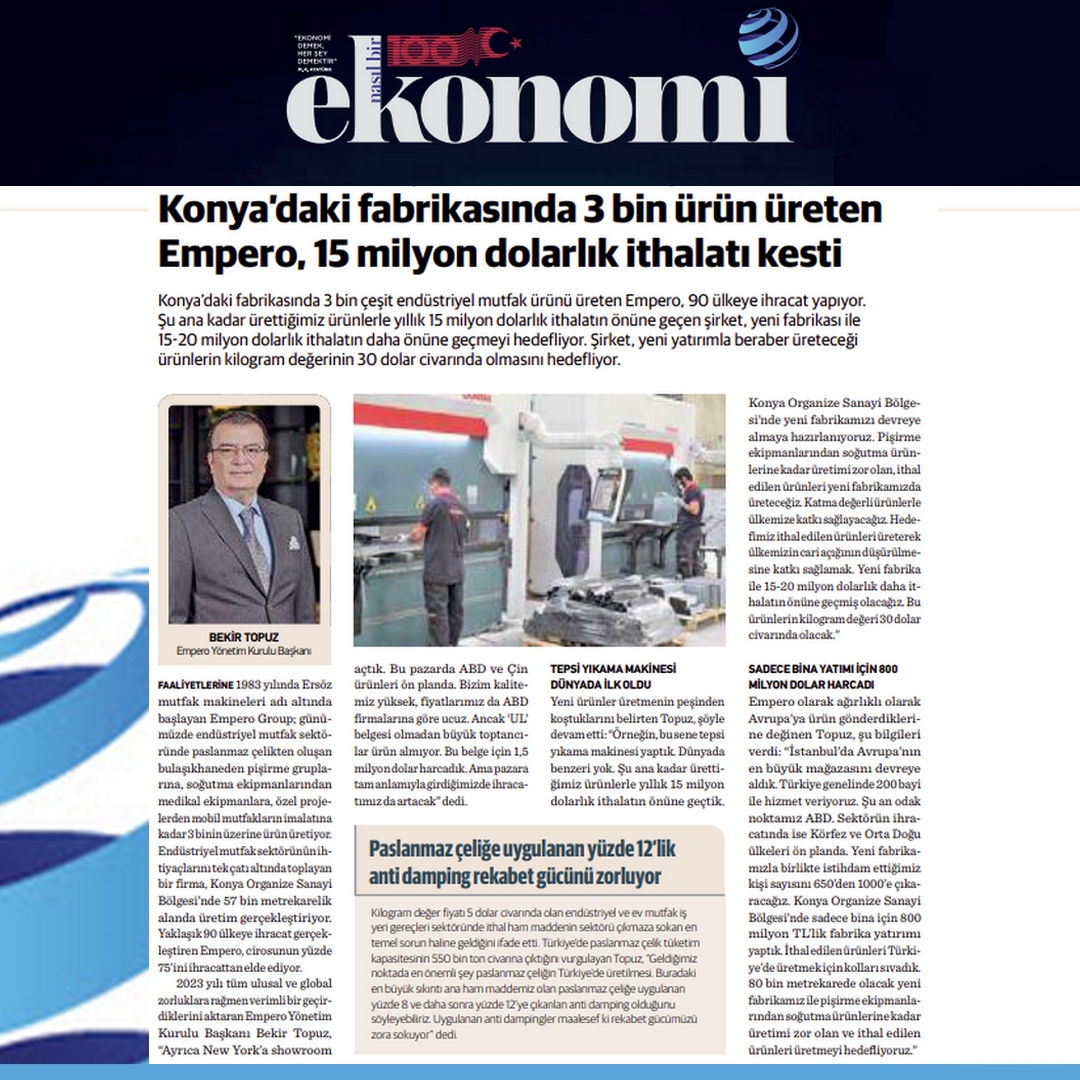 nbekonya's tweet image. Konya'daki fabrikasında 3 bin ürün üreten Empero, 15 milyon dolarlık ithalatı kesti
@ibrahimcicekci #Empero #Ekonomim #İhracat2024