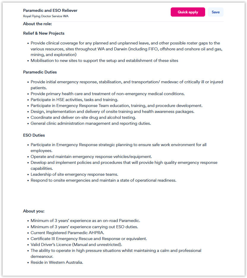 ParamedProf is at paramedprof.bsky.social (@paramedprof) on Twitter photo Position for #paramedic #ESO with RFDS (WA) working with the Industrial Health Lead & based at Jandakot (Perth), relieving on sites across WA to cover ESO & Paramedic roles.  A great opportunity to help build & support a dynamic team. #paramedicine
seek.com.au/job/77203314?t… Position for #paramedic #ESO with RFDS (WA) working with the Industrial Health Lead & based at Jandakot (Perth), relieving on sites across WA to cover ESO & Paramedic roles.  A great opportunity to help build & support a dynamic team. #paramedicine
seek.com.au/job/77203314?t…