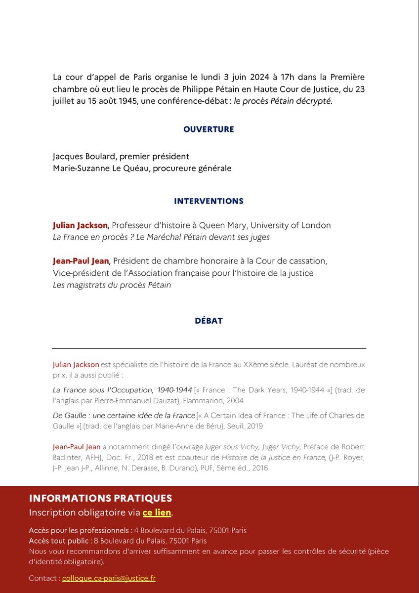 🗣️ Découvrez les vidéos de la conférence-débat sur le procès de Pétain avec Jean-Paul Jean et l'historien Julian Jackson, tenue en juin dernier à la cour d'appel de Paris. À voir sur notre site : afhj.fr/le-proces-peta…

Merci de relayer !

#Histoire #Justice #Conférence