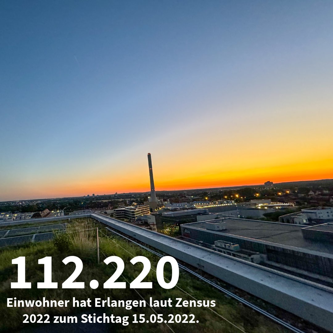 Laut Zensus 2022 sind in der Stadt Erlangen zum Stichtag 15. Mai 2022 insgesamt 112.220 Personen mit Hauptwohnsitz gemeldet. Damit behaupten wir unseren Platz 8 in der Liste der großen Städte in Bayern. Im Juni 2024 waren beim Einwohnermeldeamt 119.780 Einwohner gemeldet.