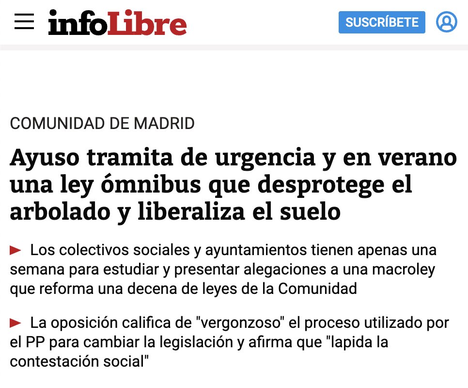 ‼️ Nueva ley ómnibus de Ayuso: 7 días para alegar, 10 leyes modificadas.

-Permite construir en suelo protegido.
-Desprotege el arbolado en plena ola de calor.
-Modifica la ley de protección animal a escondidas y permite mutilar orejas y rabos de perros.

Madrid no es su cortijo.