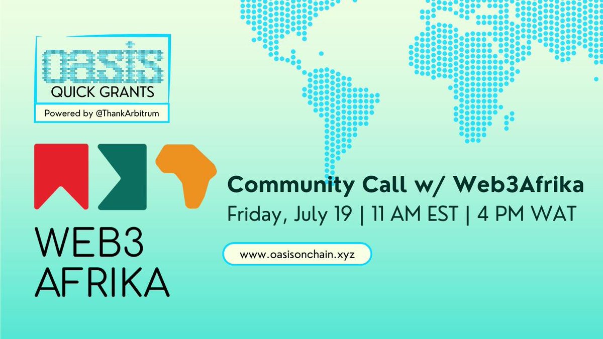 Web3 Afrika | web3afrika.eth (@web3afrika) on Twitter photo Gm Builders 🔥 it's about time for another amazing Xspace.
This time we will be hosting the space with
<a href="/oasisonchain/">Oasis Onchain 🏝️</a> to talk about Oasis Quick Grants.
You don't want to miss out on this, join our Space this Friday at 4 pm GMT +1 and find out how you can be eligible for the Gm Builders 🔥 it's about time for another amazing Xspace.
This time we will be hosting the space with
<a href="/oasisonchain/">Oasis Onchain 🏝️</a> to talk about Oasis Quick Grants.
You don't want to miss out on this, join our Space this Friday at 4 pm GMT +1 and find out how you can be eligible for the