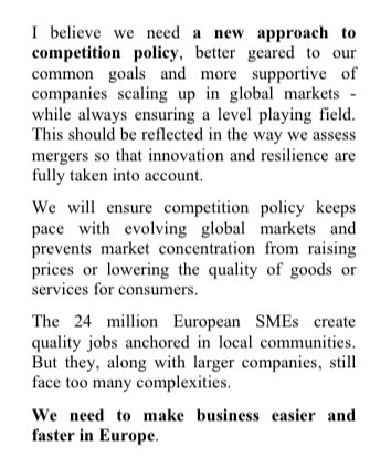 Buckle up. 

There’s a “new approach to competition policy” coming in ⁦<a href="/vonderleyen/">Ursula von der Leyen</a>⁩ next mandate at the EU Commission. “Innovation and resilience” are the watchwords. 

#antitrust #mergers #stateaid