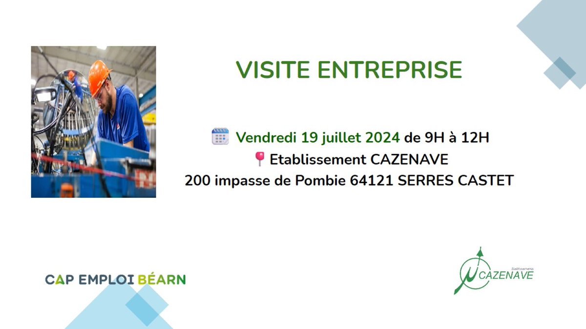 Devenez Tourneur/Fraiseur au sein de l’entreprise Cazenave!2️⃣postes à pourvoir

📅Vendredi 19 juillet 2024 / 9h à 12h
📍200 impasse de Pombie 64121 SERRES CASTET
✅Programme : présentation de l’entreprise, visite des ateliers et job-dating
💡Inscription:mesevenementsemploi.francetravail.fr/.../venez