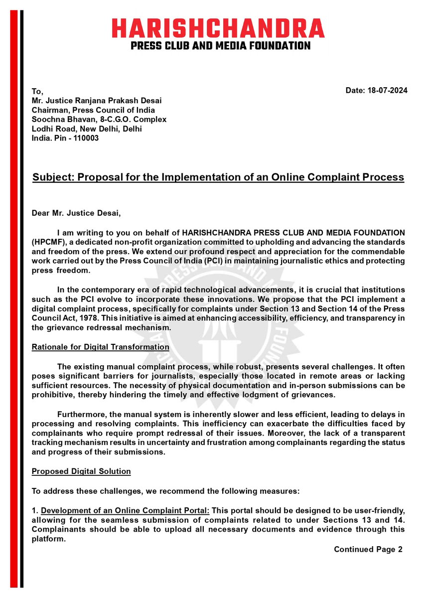 HPCMF_Org's tweet image. We&apos;re calling on the Press Council of India to digitize its complaint process to boost accessibility and transparency for journalists. 🖥️🌍 

Let&apos;s make it easier to uphold press freedom and ethical journalism! 

#PressFreedom #DigitalTransformation #PCI #MediaEthics