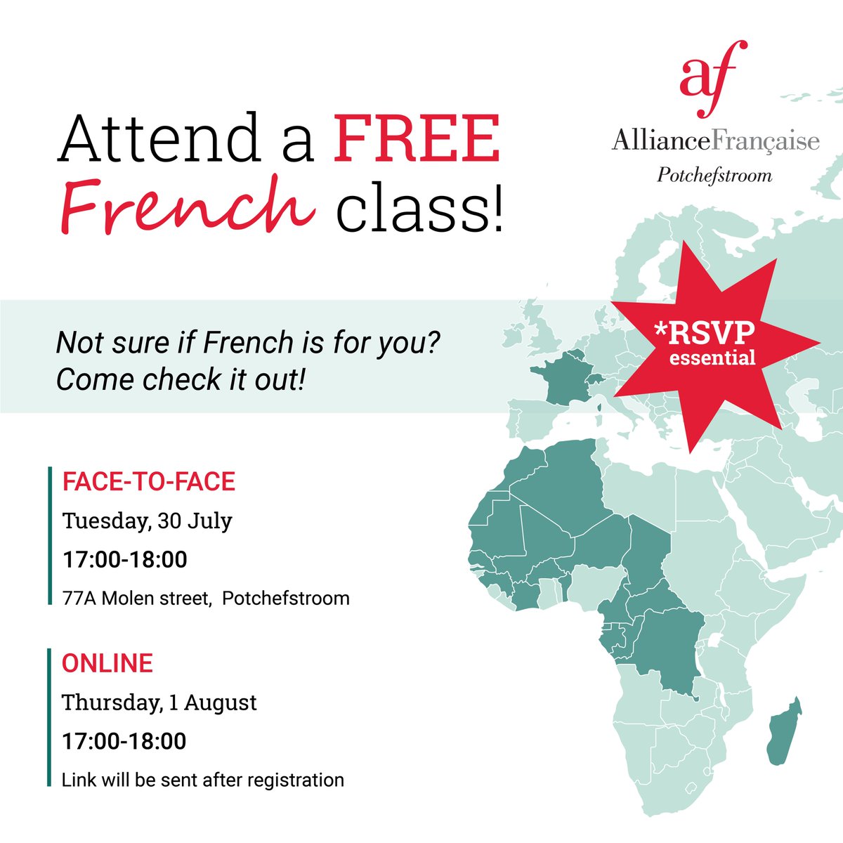 AFPotch's tweet photo. Want to find out if French classes are for you?
Sign up for one of our Free French Classes:
-In person Tuesday, 30 July 17:00
-Online, Thursday 1 August 17:00
Complete this form to sign up: https://t.co/EoRSFhD9DO
#freefrenchclass #learnfrench #frenchforbeginners #frenchlanguage https://t.co/fPNpbL1rrc