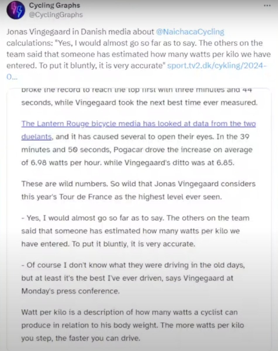 cyclesetforme's tweet image. Vingegaard a bien confirmé que le calcul de puissance sur Beille était bon, le gap de puissance entre 2023 et 2024 est de 10 %. La sidération est toujours là. La période  2019/2023 est terminé, on rentre en 2024 dans une autre dimension.