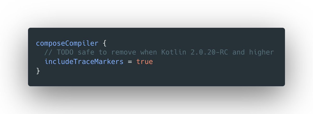 🚨🐛 If you don't see your composables in System Tracing after migrating to Kotlin 2.0, you need to workaround it by enabling includeTraceMarkers 

This will be fixed and enabled by default in Kotlin 2.0.20-RC.