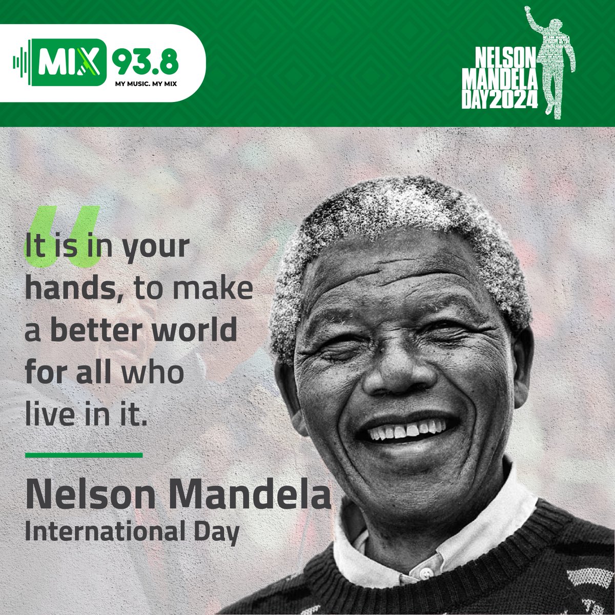 Celebrate Nelson Mandela International Day with Mix 93.8! 🌍✨

Join us by dedicating 67 minutes to make a difference. Tune in for special segments, inspiring stories, and music celebrating Ubuntu. Let's unite and honor Madiba's legacy of love and unity. ❤️

#MandelaDay #Mix938 #