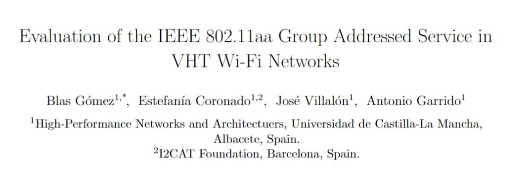 I-CONDA Project (@iconda_project) on Twitter photo The paper "Evaluation of the IEEE 802.11aa Group Addressed Service in VHT Wi-Fi Networks" by <a href="/blasf1/">Blas Gómez</a>, <a href="/CEstefaniaC/">Estefanía Coronado #Pint25ALB</a>, José Miguel Villalón, and Antonio Garrido has been accepted for publication at the "Telecommunication Systems" journal as part of the I-CONDA project! The paper "Evaluation of the IEEE 802.11aa Group Addressed Service in VHT Wi-Fi Networks" by <a href="/blasf1/">Blas Gómez</a>, <a href="/CEstefaniaC/">Estefanía Coronado #Pint25ALB</a>, José Miguel Villalón, and Antonio Garrido has been accepted for publication at the "Telecommunication Systems" journal as part of the I-CONDA project!