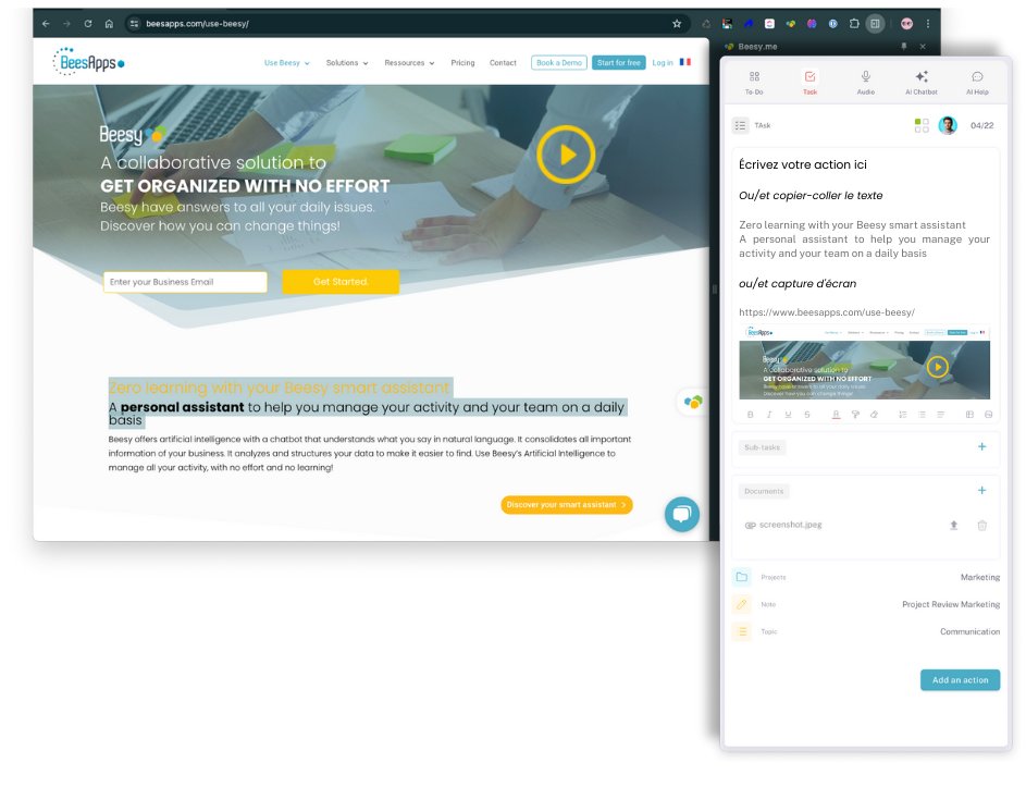Nouvelle extension Beesy ✨

Utilisez Beesy partout sur internet ! 
Créez vos tâches en copiant-collant le contenu d'une page web ou en prenant une capture d'écran. 📸

Installez l'extension : chromewebstore.google.com/detail/beesy-t…

#extension #New  #IA #tâches #Chrome