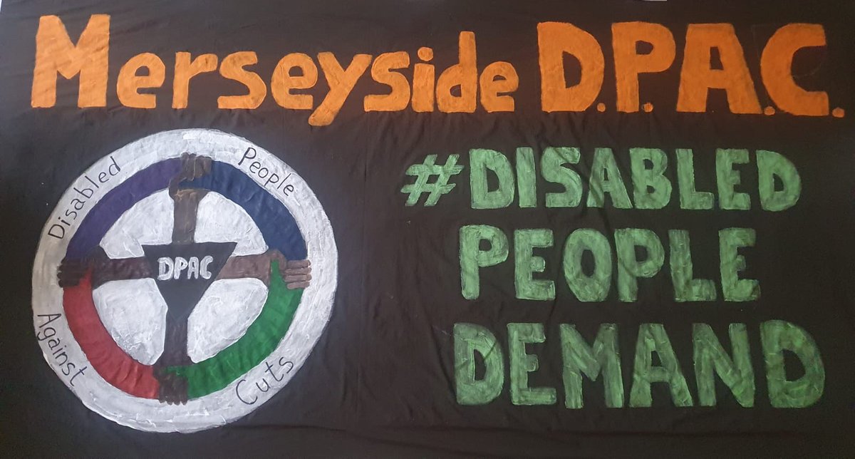 MerseysideDPAC's tweet image. We will be out today with our new banner! Protesting in solidarity with our members actions in London @Dis_PPL_Protest and Leeds @DpacLeeds #DisabledPeopleDemand