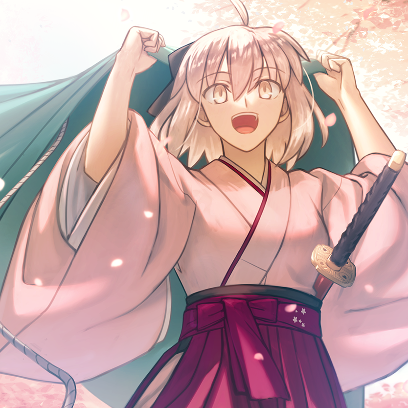 沖田総司 ,桜セイバー 「2015年に描いた同タイトルの沖田さんのイラストをリメイクしてみました。  私は」|しょ～り@Skeb依頼お気軽にどうぞ。配信用Live2Dモデルのデザイン＆制作承ります。のイラスト