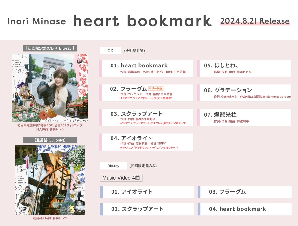 inoriminase's tweet photo. 2024.8.21(wed) Release
#水瀬いのり オリジナルハーフアルバム
『 𝗵𝗲𝗮𝗿𝘁 𝗯𝗼𝗼𝗸𝗺𝗮𝗿𝗸 』🔖

CD &amp; Blu-rayの全収録内容公開🩵✨

ぜひチェックお願いします💐

💿詳細はこちら
https://t.co/m0mgrJ2AVB

🛒ご予約はこちら
https://t.co/p4BkTYcIUQ

#heartbookmark
(スタッフ) https://t.co/QeS6iomk1y