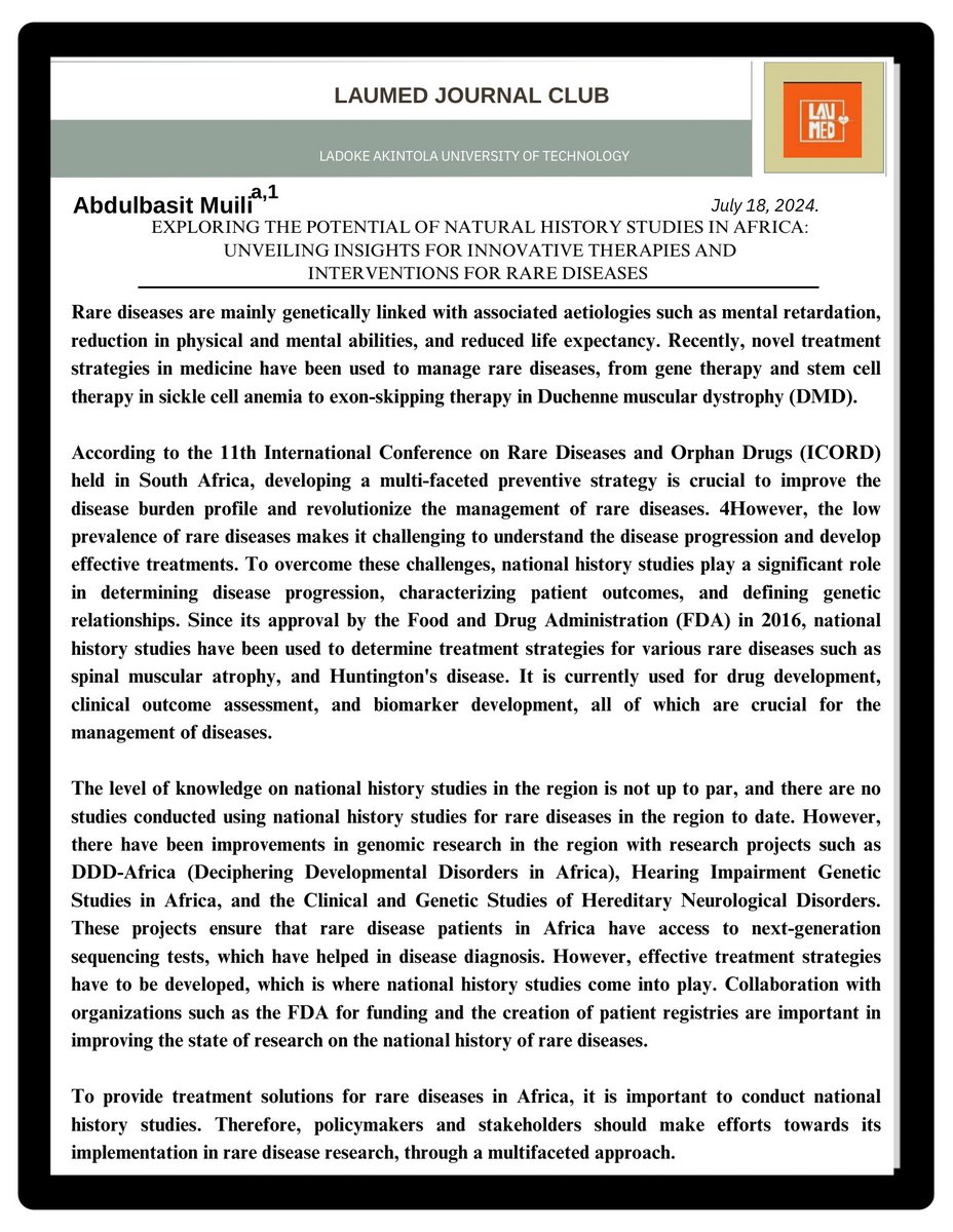LaumedC's tweet photo. LAUMED Journal Club Weekly Publication
#Rarediseases #Africa #Laumedjc #Journalclub https://t.co/2nHu4qlSXT