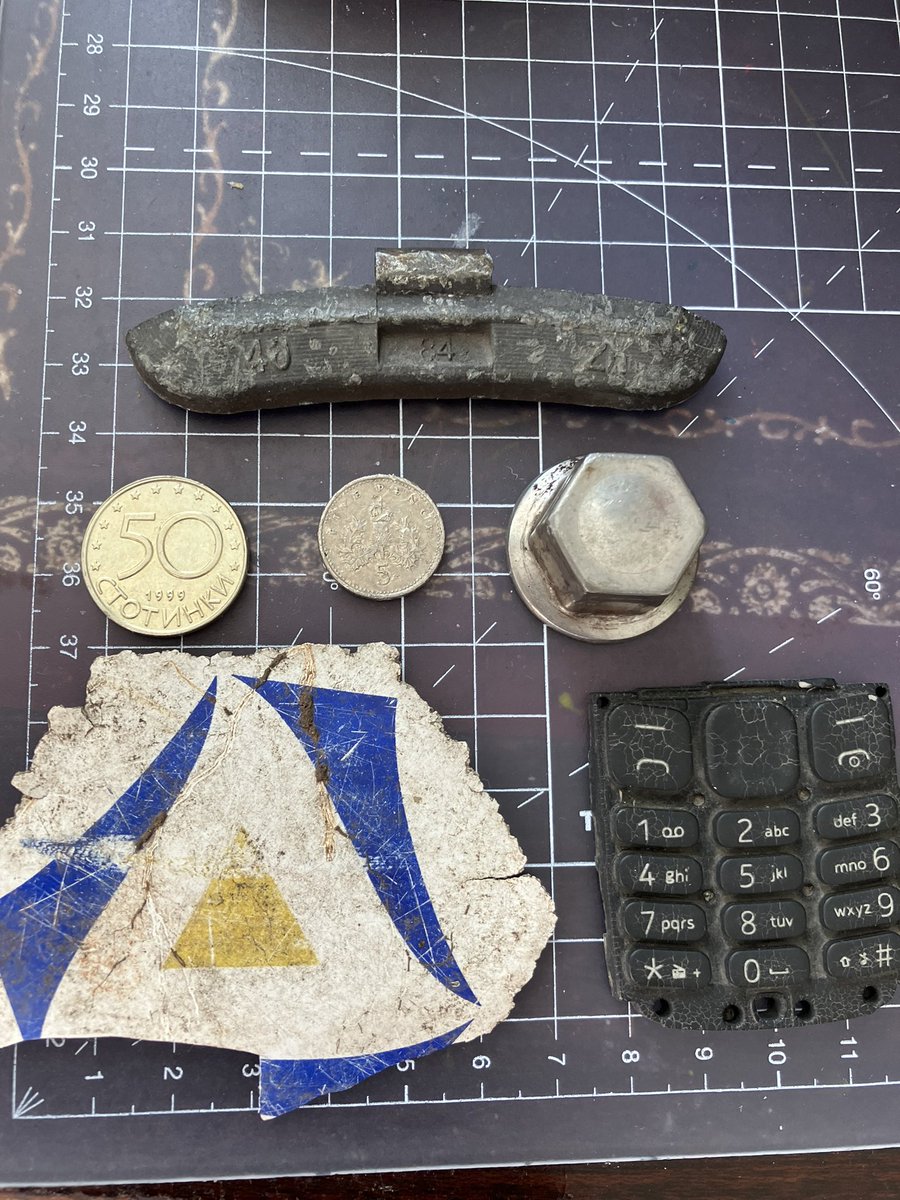 Street_Treasure's tweet photo. A great week of street treasuring.
A piece of football, a mobile phone keypad, a wheel nut cap, a wheel weight, a 1990 5p &amp; star of the show…. A 1999 Bulgarian 50 storinki coin #football #cellphone #wheels #coins #bulgaria https://t.co/DLIaU3plHc