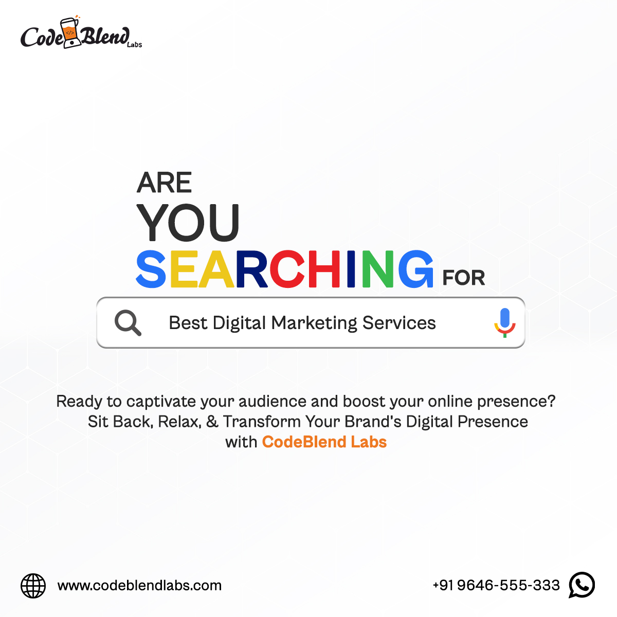 Codeblendlabs's tweet image. Transform your online presence with #CodeBlendLabs. Your success is our mission.
👉 DM us or give us a call at +91 9646555333 to discuss your requirements.
#codeblend #cbl #codeblendlabsteam #digitalmarketing #smallbusiness #marketing #ppc #smm #orm #seo #itcompany #services