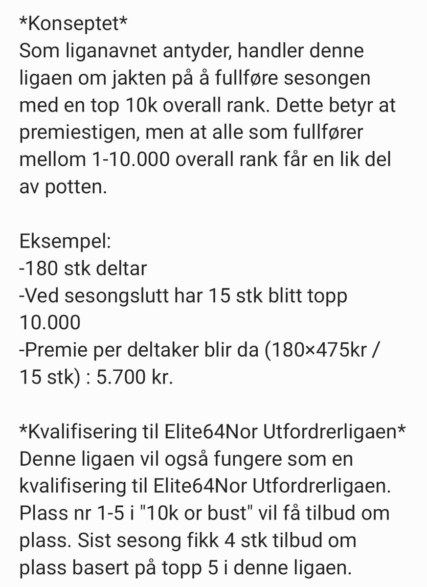 Kjære alle sammen👋

Elite64NOR ruller for tredje året ut "Top 10k or Bust" konsept hvor du🫵 kjemper mot deg selv for å få premiering ved å nå topp 10k!🤞

Denne ligaen er åpen for alle som ønsker å delta!

Ligaen koster 500 kr

Autojoin:
fantasy.premierleague.com/leagues/auto-j…