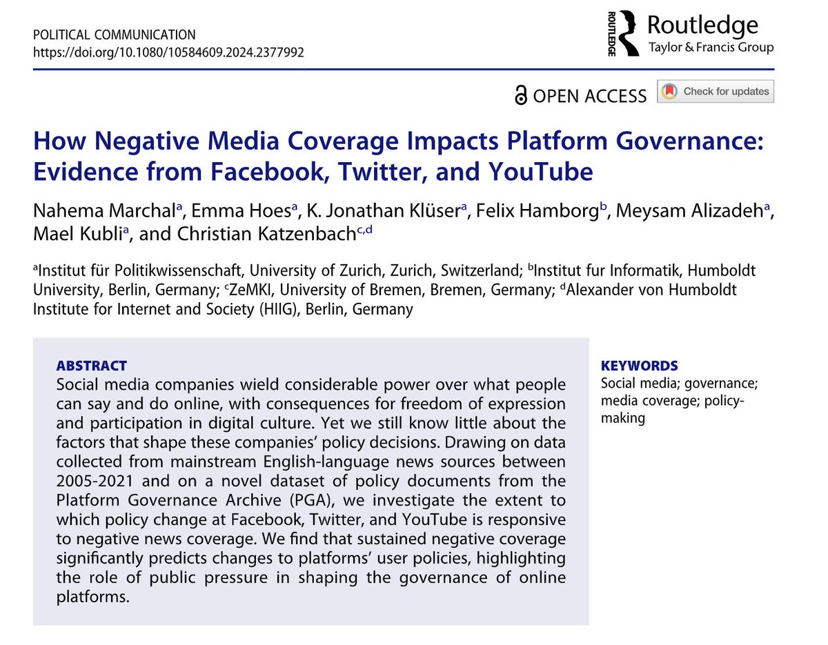🚨 New Publication <a href="/polcommjournal/">Political Communication 📓</a>  📢 #OpenAccess 

Can journalism still act as a watchdog? Yes! We find that negative news coverage drives policy changes at #Facebook , #XTwitter , and #YouTube , proving that platforms can be held accountable