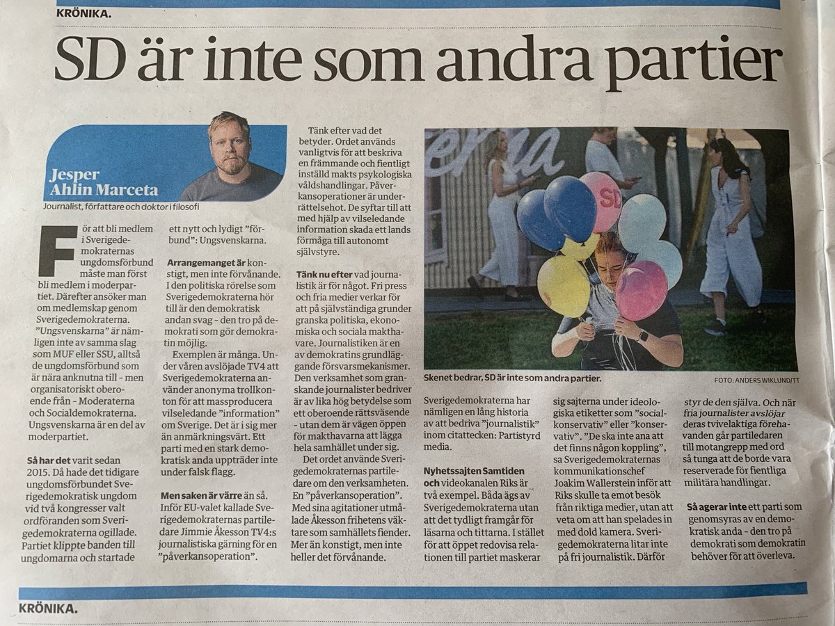 LarsNson's tweet photo. Snygg krönika i VK: ”SD är inte som andra partier”. https://t.co/OgLJiV8MNz