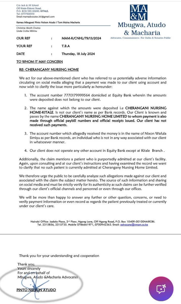 RutoJohn's tweet photo. @EricMusyoki @Honeyfarsafi Official statement from Cherangany Nursing Home. https://t.co/cr55m7Hqqk