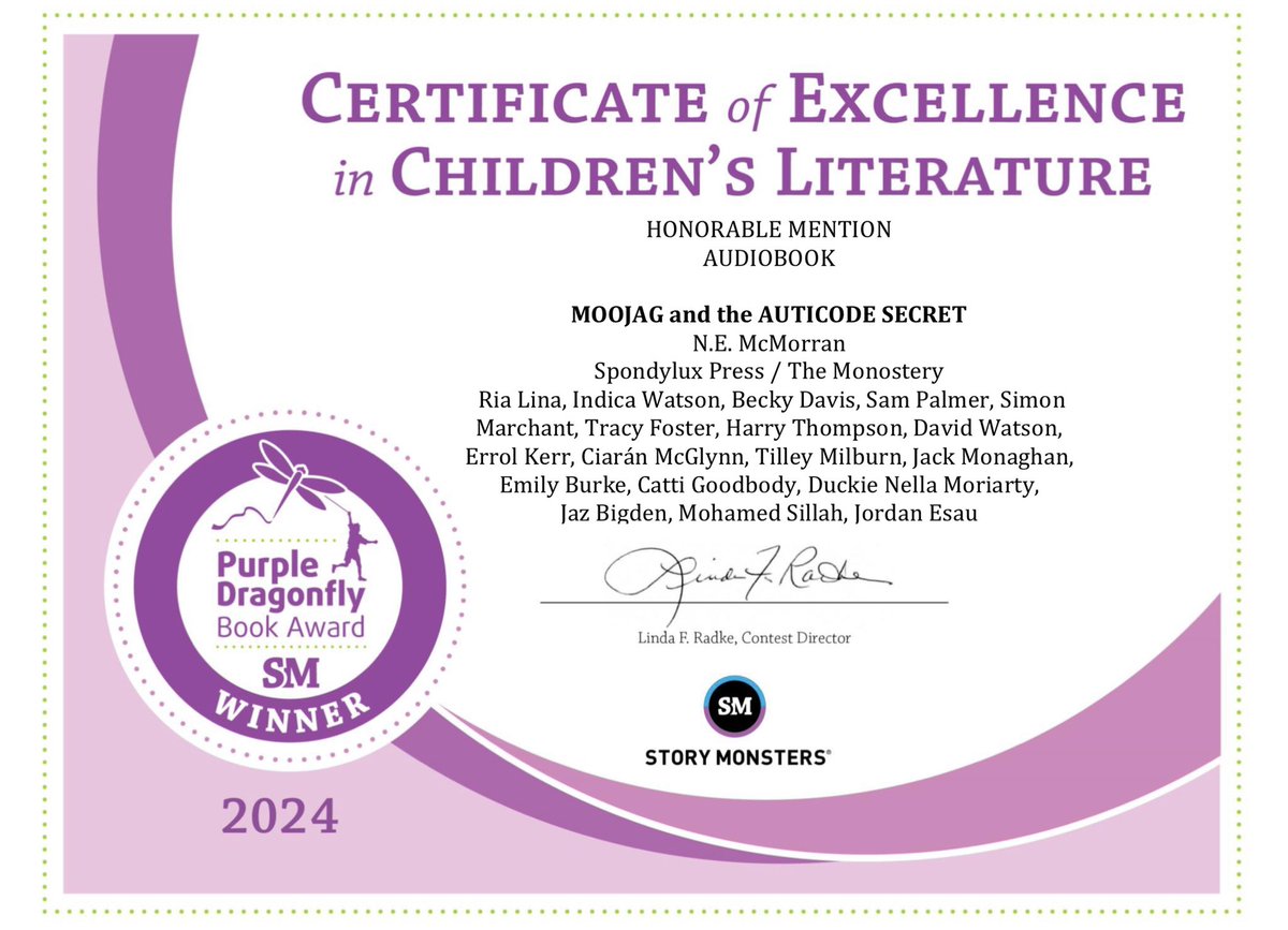 We have won the PURPLE DRAGONFLY BOOK AWARD 2024 with honorable mention for the Auticode Secret audiobook.
Congratulations to the all autistic neurodivergent team who voiced and produced the book! You ROCK
#NDbooks #inclusivecasting #autism #dyslexia #adhd #downsyndrome #bipolar