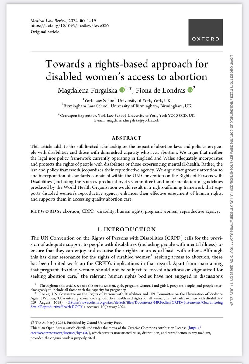 Just published with @fdelond! 

We argue that law &amp; policy frameworks should be guided by evidence &amp; rights-based approaches to ensure that disabled women’s access to abortion is meaningful; responsive to their needs and respectful of their human rights. 1/3
