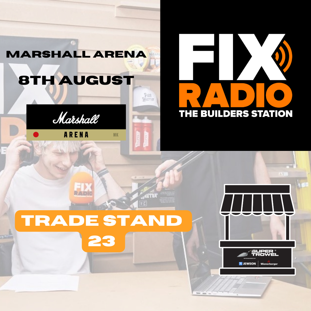 📣 We’re thrilled to announce that Fix Radio will be at Super Trowel on August 8th at Marshall Arena! Catch then at Trade Stand 23 for all the latest updates and meet the street team See you there! #SuperTrowel2025 #FixRadio #BricklayingExcellence #bricklayerssocialclub