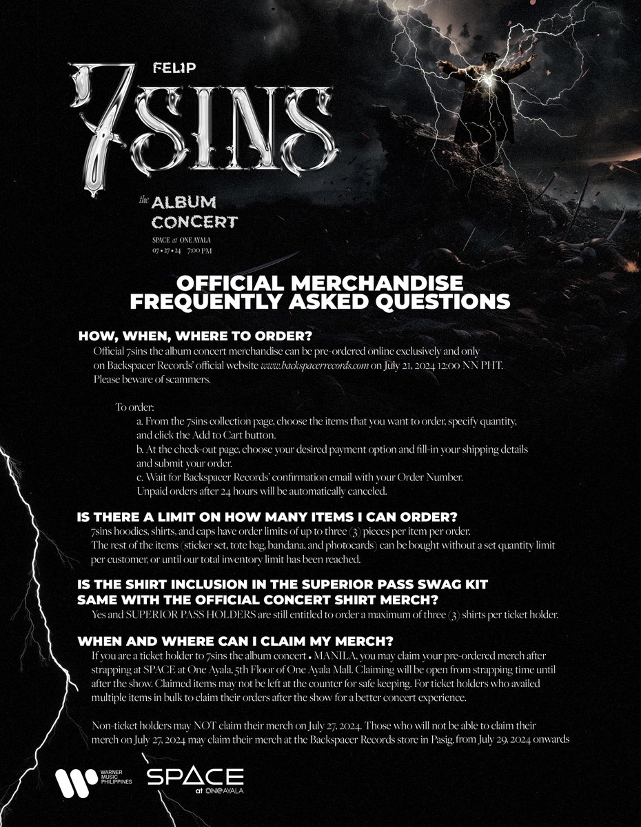 felipsuperior's tweet image. 7sins the album concert official merchandise
frequently asked questions
pre-order via backspacerrecords.com on July 21, 2024 12:00 NN PHT