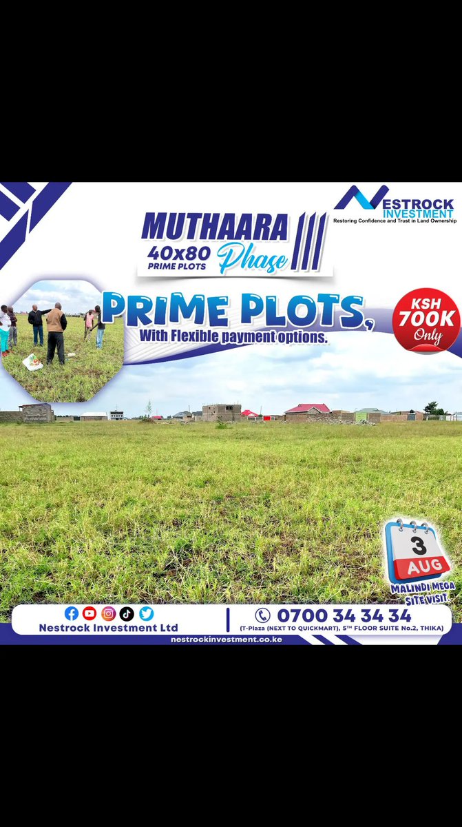 nestrocklimited's tweet photo. Don't be slow! Our prices are low. Muthaara is everything you need, buy and build on a 40ft by 80ft plot going at Ksh. 700,000 only.
Call us on 0700343434
#Trending #TrendingNow #AngukaNayo #anguko https://t.co/96XhfaKiZE