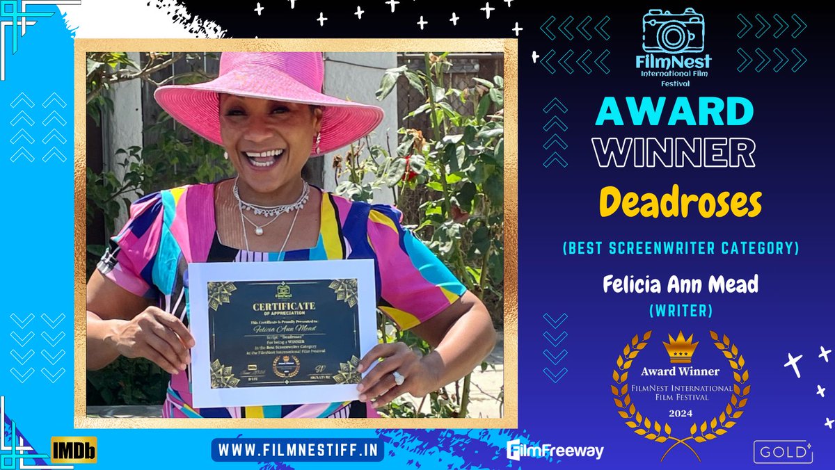 FilmnestF's tweet photo. ๐ข Proudly Presenting writer Felicia Ann Mead with the Certificate for Best Screenwriter (Winner) for her excellent screenplay "DEADROSES".
We wish you all the best in your future endeavours! ๐
#DEADROSES #Winner #screenplay #Script #bestscreenwriter #FNIFF @felicia_meads https://t.co/XR99RxYsBT