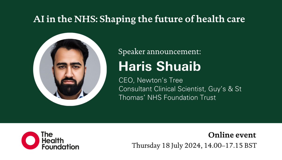 Haris Shuaib (@haris_shuaib) on Twitter photo I’m delighted to be speaking at today’s <a href="/HealthFdn/">The Health Foundation</a> event exploring the priorities for an #NHSAIStrategy.
Join us online by registering here: health.org.uk/about-the-heal… I’m delighted to be speaking at today’s <a href="/HealthFdn/">The Health Foundation</a> event exploring the priorities for an #NHSAIStrategy.
Join us online by registering here: health.org.uk/about-the-heal…