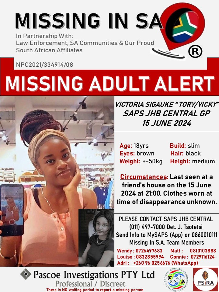 MissingsInSA's tweet photo. #helpbringvictoriahome
#missinginsa 
#pascoeinvestigationsptyltd 

MISSING ADULT ALERT: Victoria Sigauke "Tory/Vicky" 18 Yrs 15 June 2024. SAPS JHB CENTRAL. DET. TSOTETSI. https://t.co/64LUMQgI5L