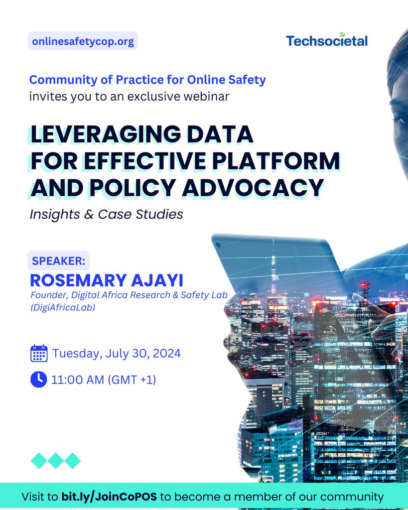 TechSocietal's tweet photo. The Community of Practice for Online Safety is hosting an exclusive webinar for policymakers, civil society actors, and other stakeholders within Nigeria and beyond borders!

This data-driven webinar delivered by the founder of Digital Africa Research and Safety Lab (#DigiAfricaLab) - Rosemary Ajayi, will be focused on the role of data in the digital environment, impact of data-shaped digital policies, development of data-driven regulations, strategic adoptable approaches for online safety and user rights campaigns.

To join us for an intellectually stimulating exploration of data-driven advocacy in the digital age and a whole lot more, we invite you to become a member of our #CommunityOfPractice - https://t.co/ygCcLDkMpy (membership form here).

Visit the Community's website for more info https://t.co/dfK83VEv1J

#OnlineSafetyCOP
#Webinar
#FromDataToPolicy
#DigitalTrustAndSafety