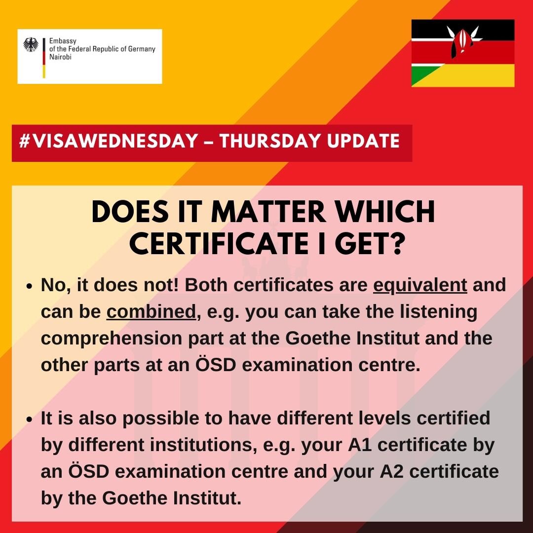 GermanyinKenya's tweet photo. #visawednesday — Thursday-Update: Today we provide you with slightly updated and amended information about German language certificates: Which certificates are recognized by the 🇩🇪Embassy? Does it matter which certificate I get? How can I prepare for the exam? Read more 👇 https://t.co/b9QnT7WGyR