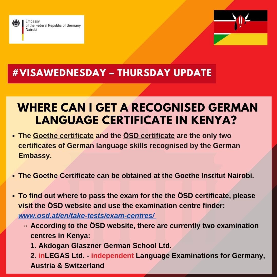 GermanyinKenya's tweet photo. #visawednesday — Thursday-Update: Today we provide you with slightly updated and amended information about German language certificates: Which certificates are recognized by the 🇩🇪Embassy? Does it matter which certificate I get? How can I prepare for the exam? Read more 👇 https://t.co/b9QnT7WGyR